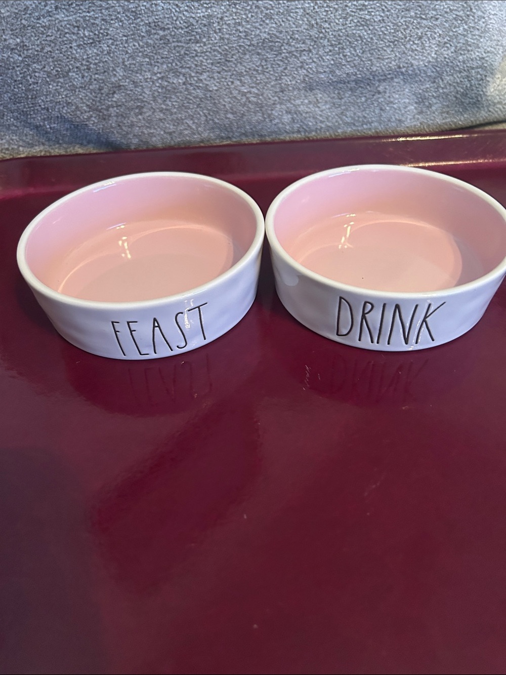 Rae Dunn Ceramic Pet Bowls - White Exterior with Pink Interior set of 2